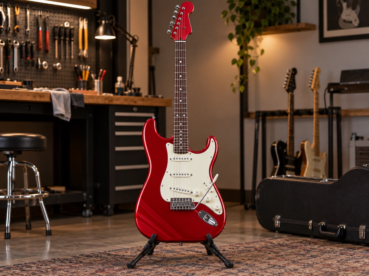 Guitar màu đỏ hoàn thiện sau khi sơn màu đơn theo yêu cầu